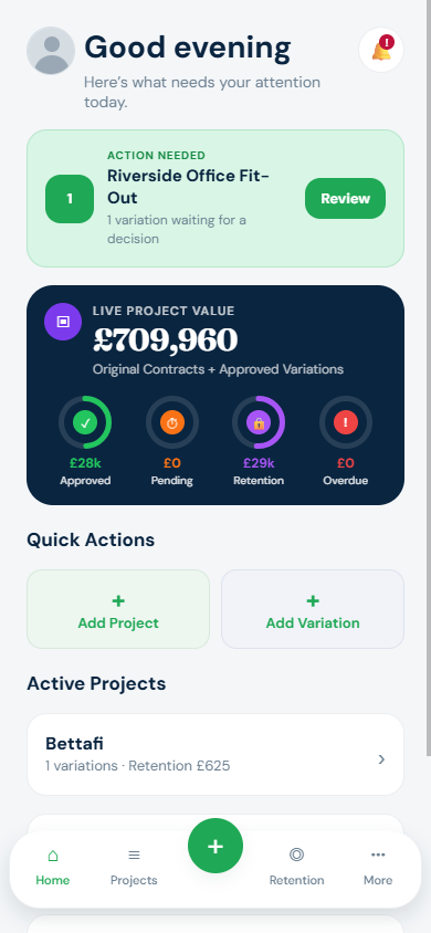 WorksDue home screen from the app — live project value and what needs a decision today