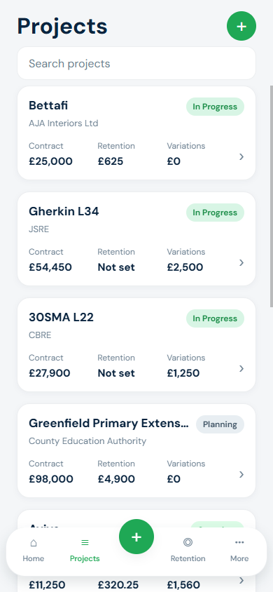 WorksDue projects screen from the app — contract value, retention, and extras per job
